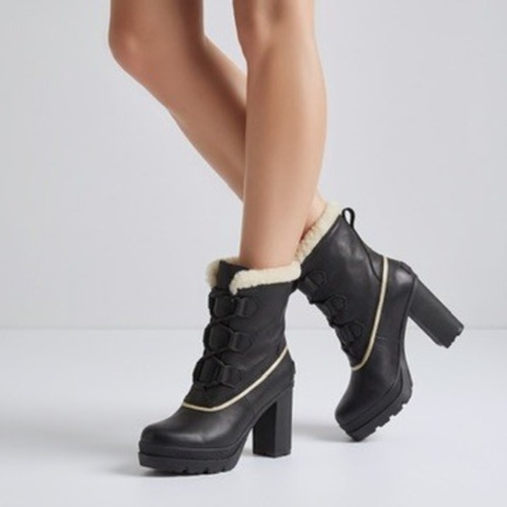 Sorel Dacie Lace Size 8 Black Leather Waterproof Shearling Boots